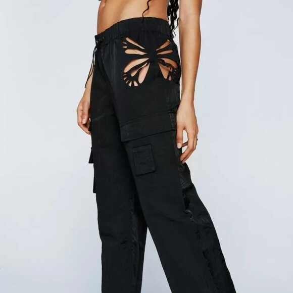 NEW Nasty Gal Butterfly Cutout Detail Cargo Black Pants Sz 8